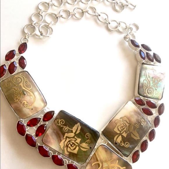 Abalone 925 Sterling Silver Statement Bib Necklace - Picture 3 of 4